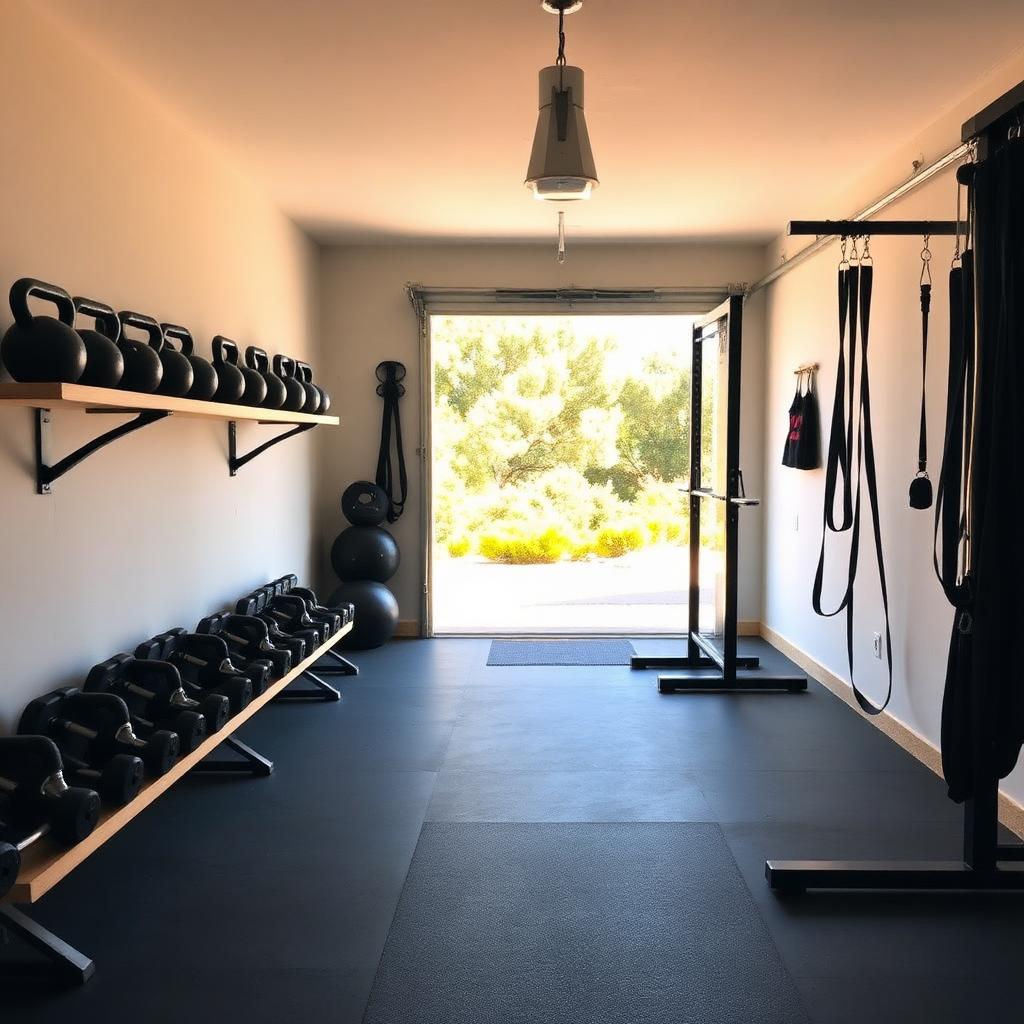 Private garage gym in Corfu with kettlebells, dumbbells, and pull-up bar